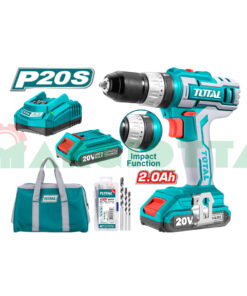 Trapano avvitatore 20V con percussione, 2 batterie, 50 accessori inclusi